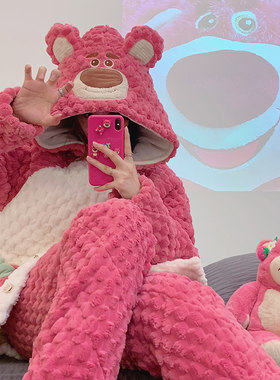 特价卡通三层加厚珊瑚绒夹棉睡衣女冬季法兰绒可爱小熊连帽家居服