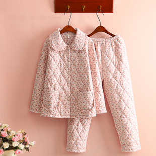 小碎花薄棉睡衣女秋冬季 纯棉夹棉睡衣家居服套 保暖全棉田园风薄款