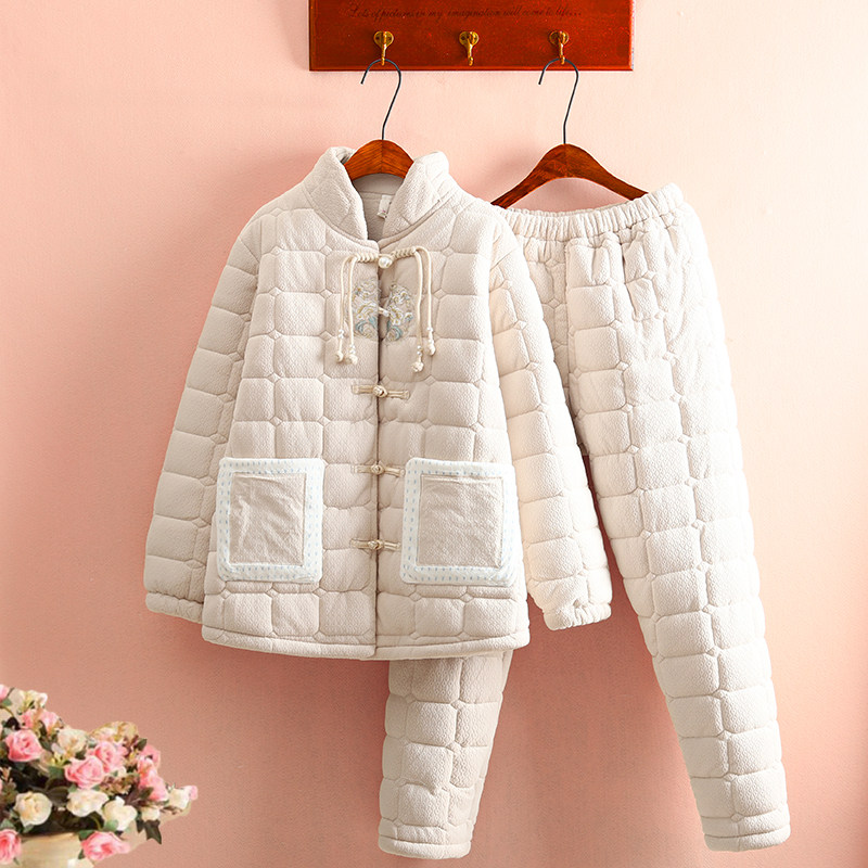 气质国风牛奶绒夹棉睡衣女冬季三层加厚保暖珊瑚绒立领家居服套装