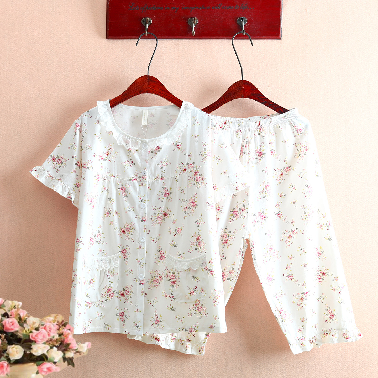 超美小清新100%全棉斜纹布睡衣女夏季短袖七分裤纯棉布家居服套装