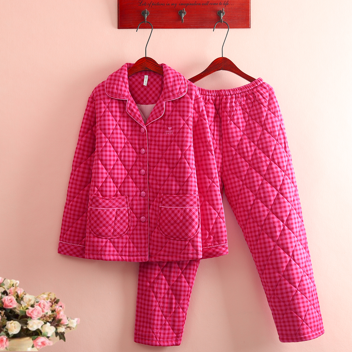 薄款100%纯棉夹棉睡衣女秋冬保暖