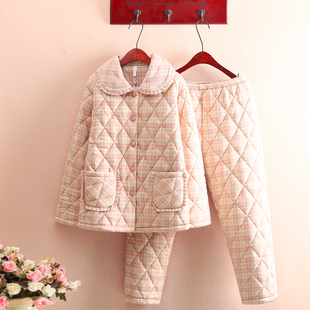 加厚款100%纯棉夹棉睡衣女冬季三层加厚保暖田园风全棉家居服套装