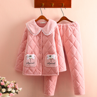 特价三层加厚珊瑚绒夹棉睡衣女冬季保暖蛋糕绒卡通可爱家居服套装