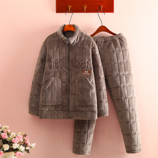 男士三层加厚珊瑚绒夹棉睡衣冬季保暖时尚棒球领拉链款家居服套装