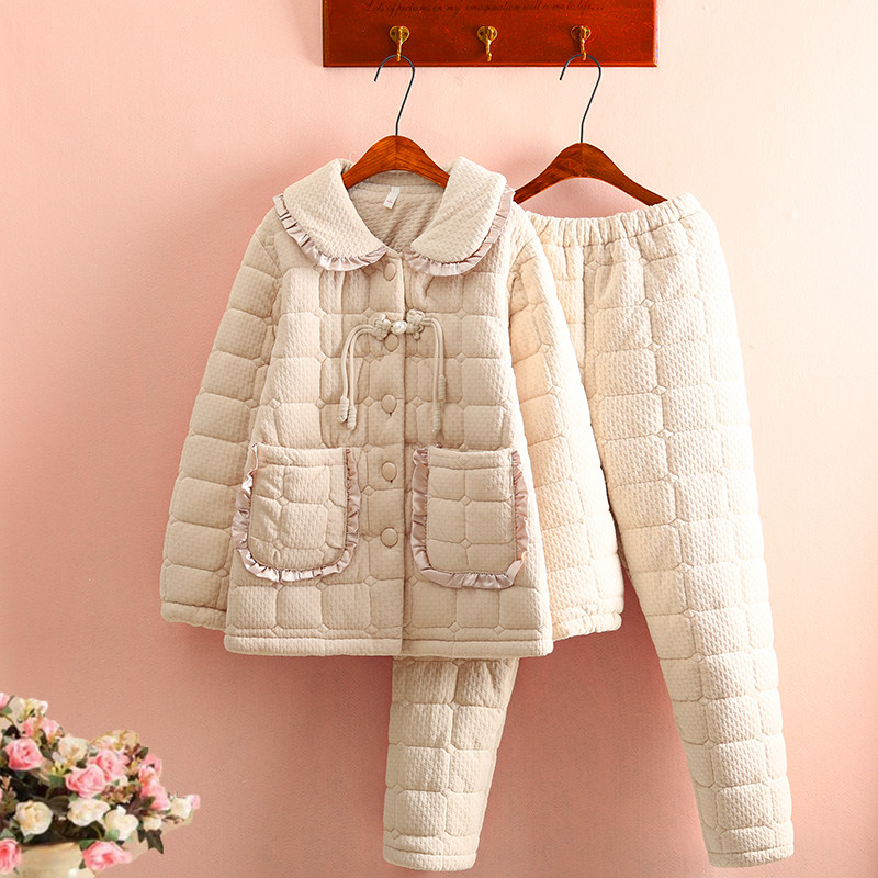 超美国风三层加厚牛奶绒夹棉睡衣女冬季保暖珊瑚绒公主风家居服套