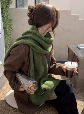 绝绝子显白绿色小香风格子针织围巾女冬季学生情侣送男生保暖围脖