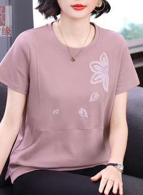 纯棉短袖T恤女夏新款中老年妈妈装下摆开叉宽松遮肚大码女装上衣