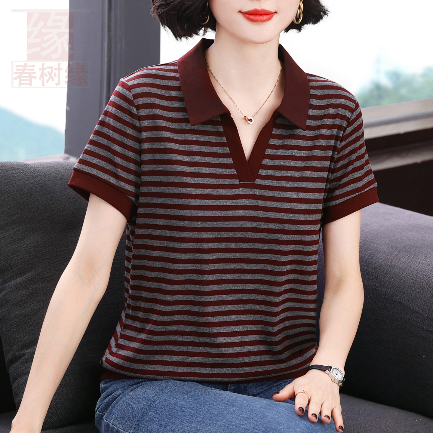 条纹短袖T恤女中老年妈妈夏季新款纯棉体恤宽松显瘦大码上衣