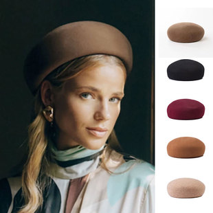 冬季新款100%羊毛贝雷帽休闲时尚简约立体画家帽欧美风药盒帽ins