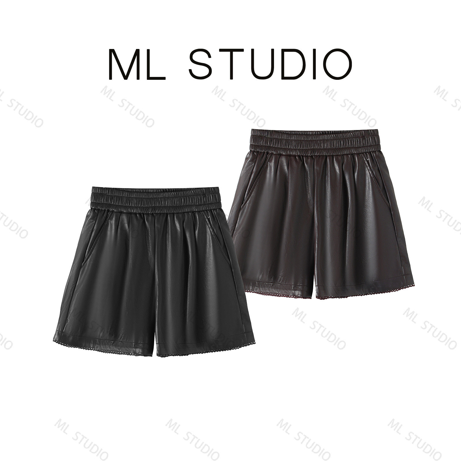 【米粒专享】蛋白pu皮腰短裤女秋冬显瘦蕾丝花边休闲a字靴裤