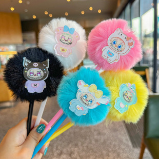 甜美少女卡通人物圆珠笔可爱小怪兽个性多巴胺毛毛球笔手账笔