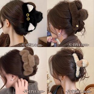 猫耳朵毛绒发夹大号黑色抓夹女秋冬后脑勺头发夹子头饰鲨鱼夹发卡