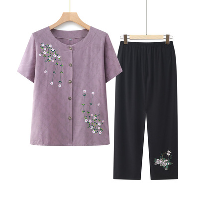 奶奶2024夏装短袖阔腿裤两件套女