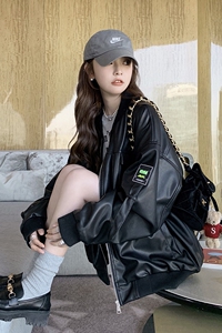 美式复古黑色皮衣外套女2025春季新款港风小个子宽松短款夹克上衣图片