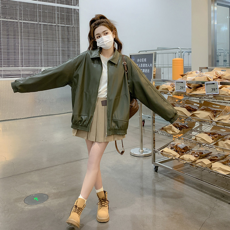 复古绿色皮衣外套女2025春季新款港风高级感宽松休闲小个子夹克潮,女装皮衣,淑塔可可