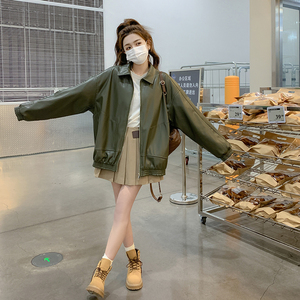 复古绿色皮衣外套女2025春季新款港风高级感宽松休闲小个子夹克潮图片