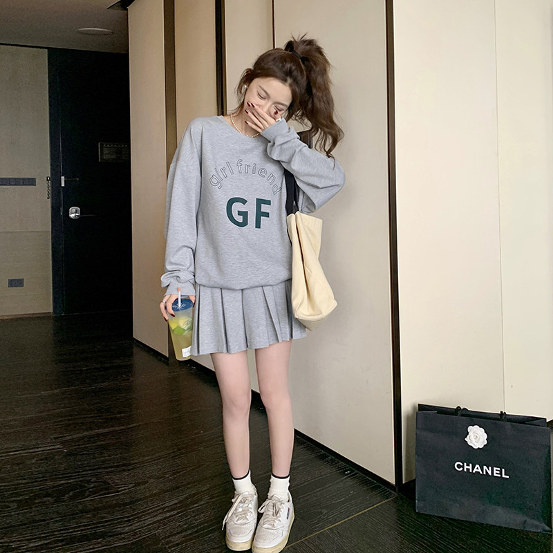 休闲减龄运动风穿搭灰色长袖上衣套装女春夏秋好看百褶短裙两件套,女装运动套装,淑塔可可
