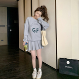 休闲减龄运动风穿搭灰色长袖上衣套装女春夏秋好看百褶短裙两件套，女装运动套装，淑塔可可