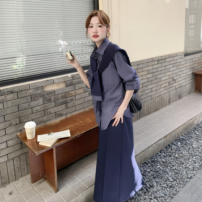 【现货】格子衬衫+针织半裙+披肩三件套151-1577-P175-K248,女装套装/套裙,淑塔可可