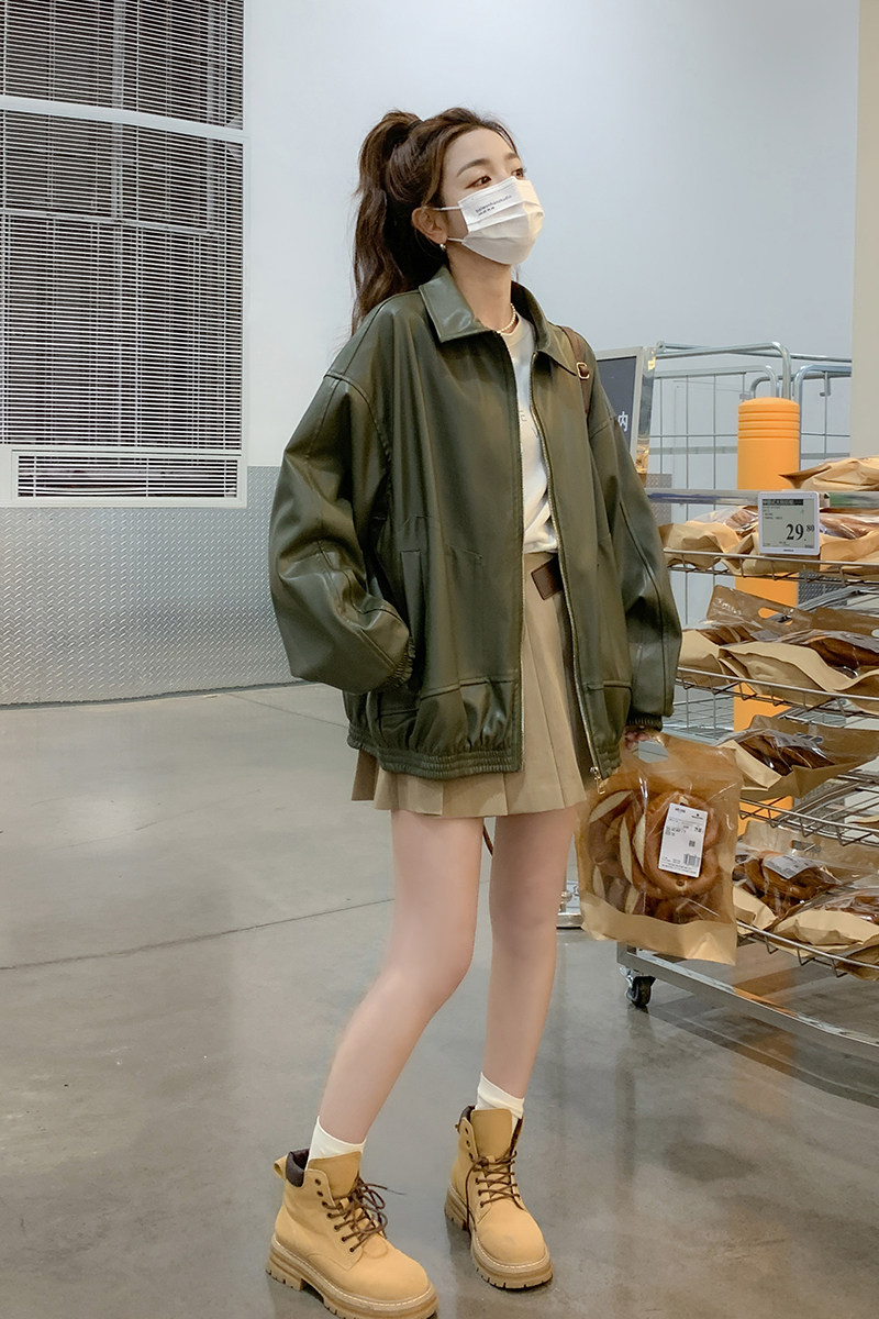 复古绿色皮衣外套女2025春季新款港风高级感宽松休闲小个子夹克潮,女装皮衣,淑塔可可