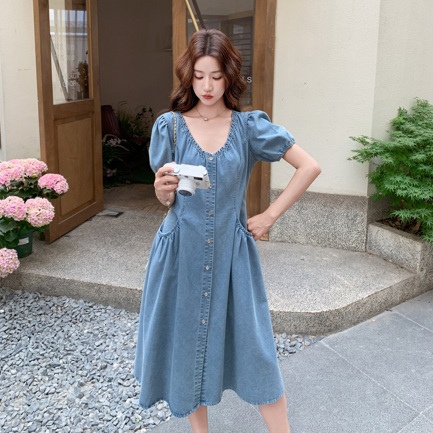 新款法式泡泡袖牛仔连衣裙2B203-1667-P150-K238,女装连衣裙,淑塔可可