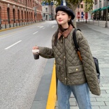 美式军绿色短款菱格羽绒棉服女秋冬2024年新款欧货二棉衣棉袄外套，女装棉衣/棉服，淑塔可可