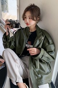 美式复古军绿色小皮衣外套女春秋2025新款时尚设计感机车服夹克图片