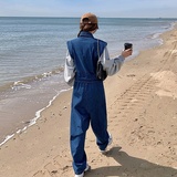 工装拼接牛仔连体裤女春秋长款设计感2025年新款高级感连身衣套装，女装牛仔裤，淑塔可可