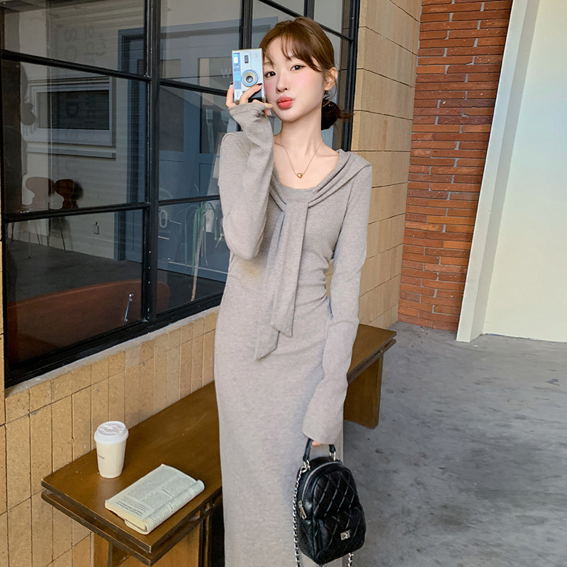高级感披肩针织连衣裙女2025春秋新款韩系轻熟风收腰显瘦气质长裙,女装连衣裙,淑塔可可