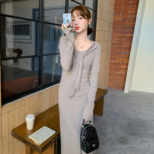 高级感披肩针织连衣裙女2025春秋新款韩系轻熟风收腰显瘦气质长裙图片