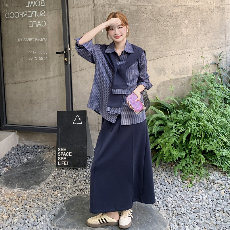 【现货】格子衬衫+针织半裙+披肩三件套151-1577-P175-K248，女装套装/套裙，淑塔可可