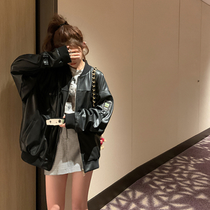 美式复古黑色皮衣外套女2025春季新款港风小个子宽松短款夹克上衣图片