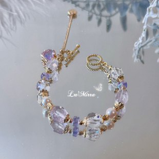 ot扣可调节手串 花仙子天然薰衣草紫水晶白水晶珍珠手链新中式