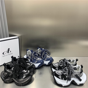 带增高休闲运动鞋 百搭双鞋 女2025新款 磨砂真皮加绒松糕厚底老爹鞋