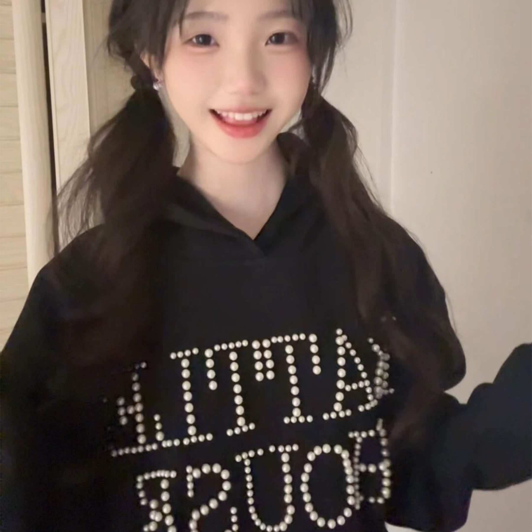 国潮牌oversize钉珠字母刺绣连帽运动衫女秋冬慵懒风美式情侣卫衣