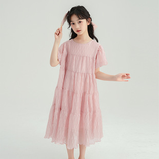 公主裙中大童韩版 女童棉绸连衣裙洋气夏装 粉色中长款 新款