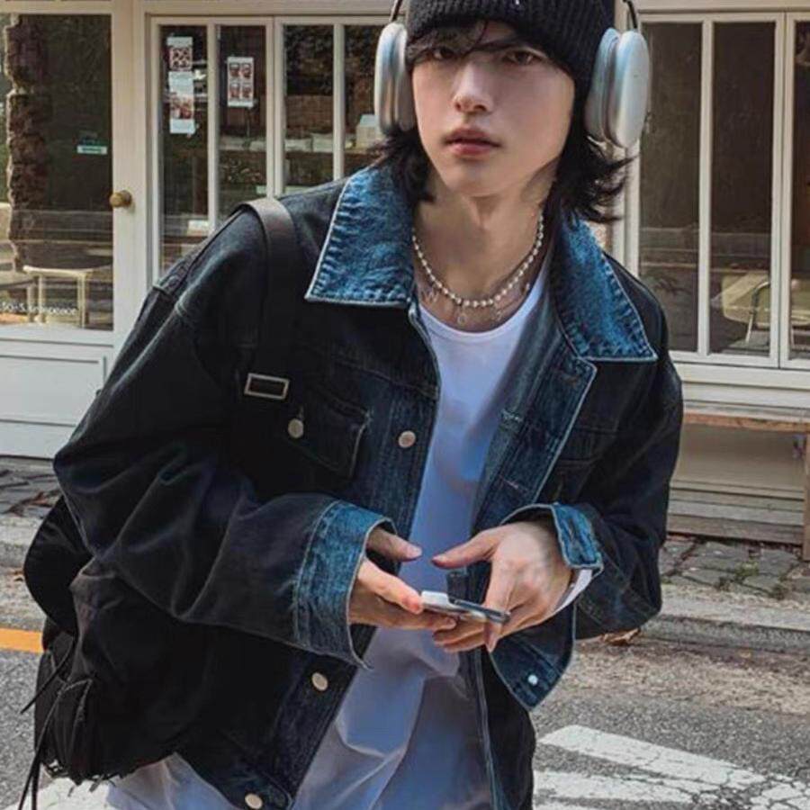 东大门韩国代购美式复古设计师撞色水洗宽松牛仔夹克短打外套男女