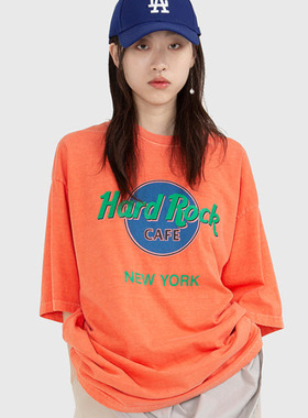 韩国代购HARDROCK DYEING 1/2 TEE乐队水洗做旧印花短袖T恤男女夏