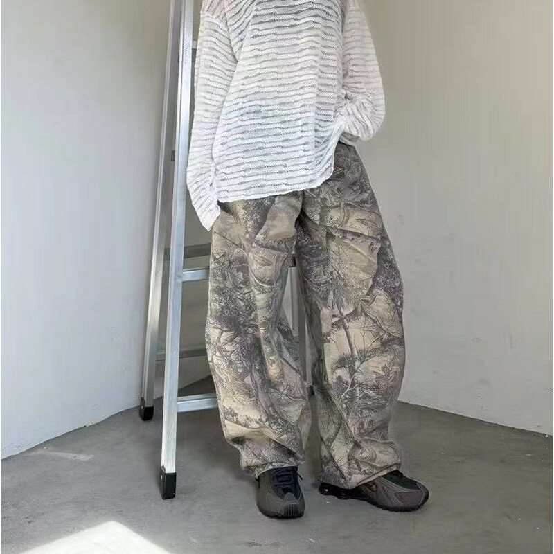东大门韩国代购美式街头复古树叶迷彩宽松阔腿直筒休闲裤男baggy