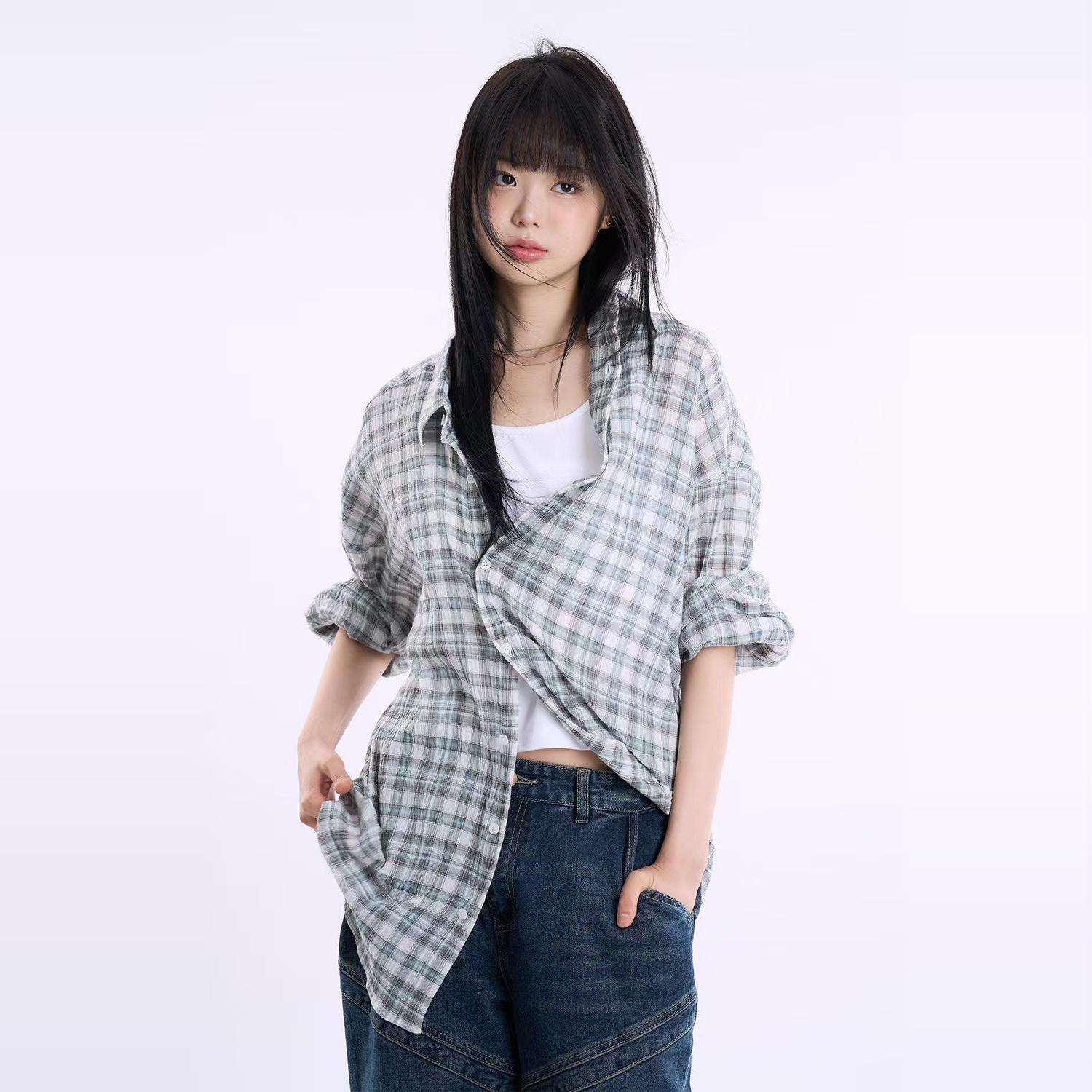 东大门韩国代购美式街头复古慵懒棉麻宽松格纹长袖格子衬衫男女