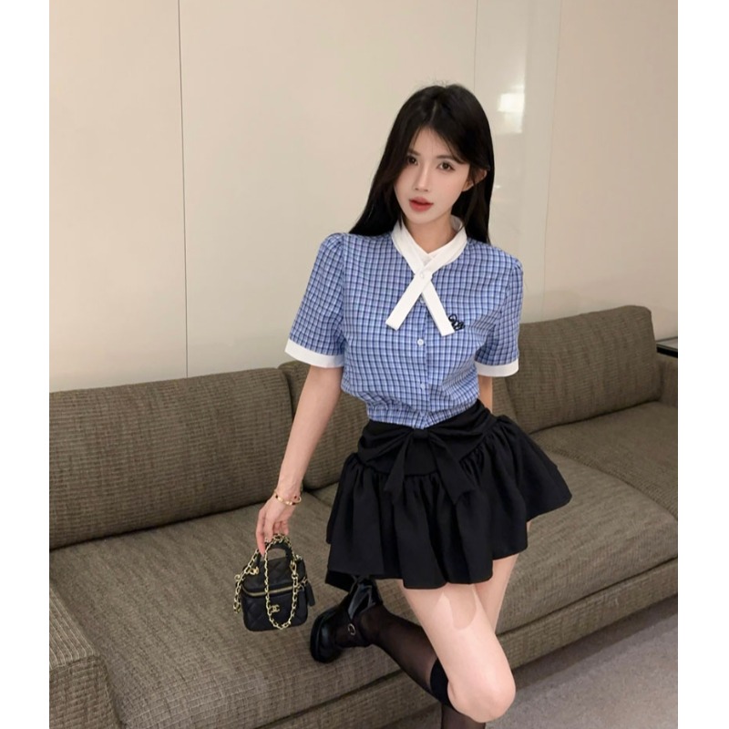 学院风蓝色格子衬衫女秋季外套长袖上衣设计感短款半身裙套装