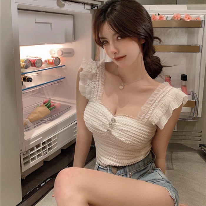 3网红直播衣服女主播服装上镜性感褶皱花边背心修身短款露肩小吊带