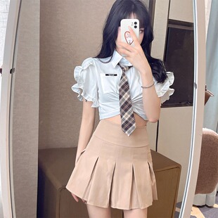 美式jk制服学院风两件套夏季可盐可甜高腰减龄百褶a字裙女团套装