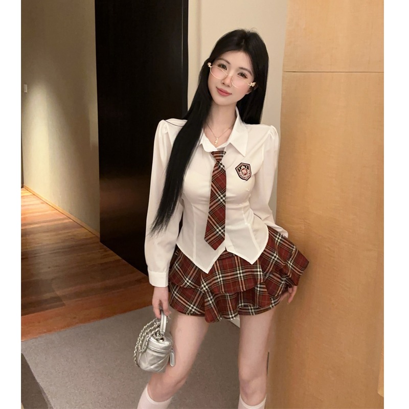 秋季jk制服套装美式学院风衬衫工作服可爱甜美红格子半裙两件套
