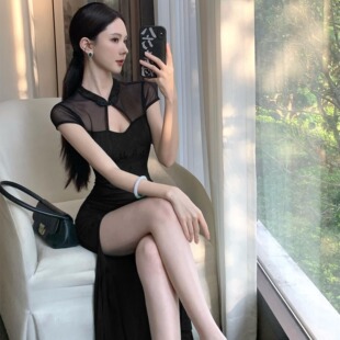 女技师工作服 旗袍连衣裙柔式 复古气质性感镂空修身 包臀开叉中长款