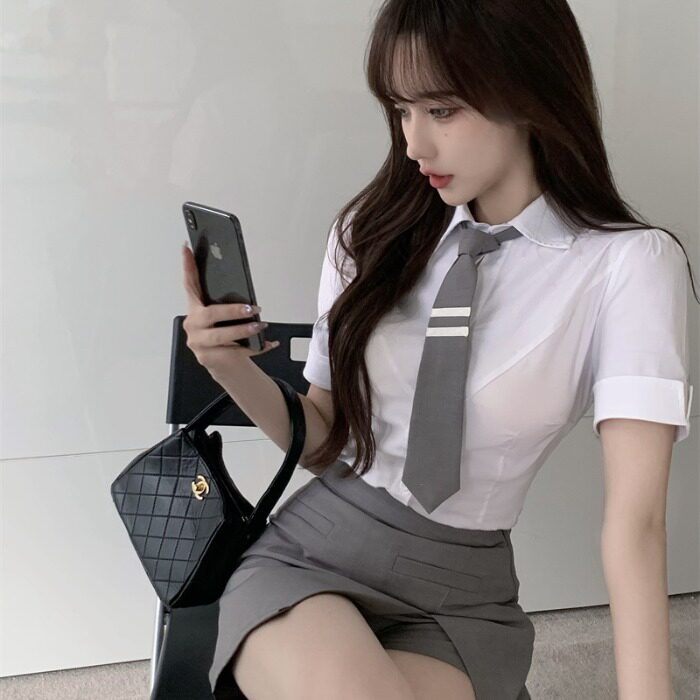 韩式校园风jk制服套装女甜辣短袖白色衬衫女纯欲学院短款领带衬衣