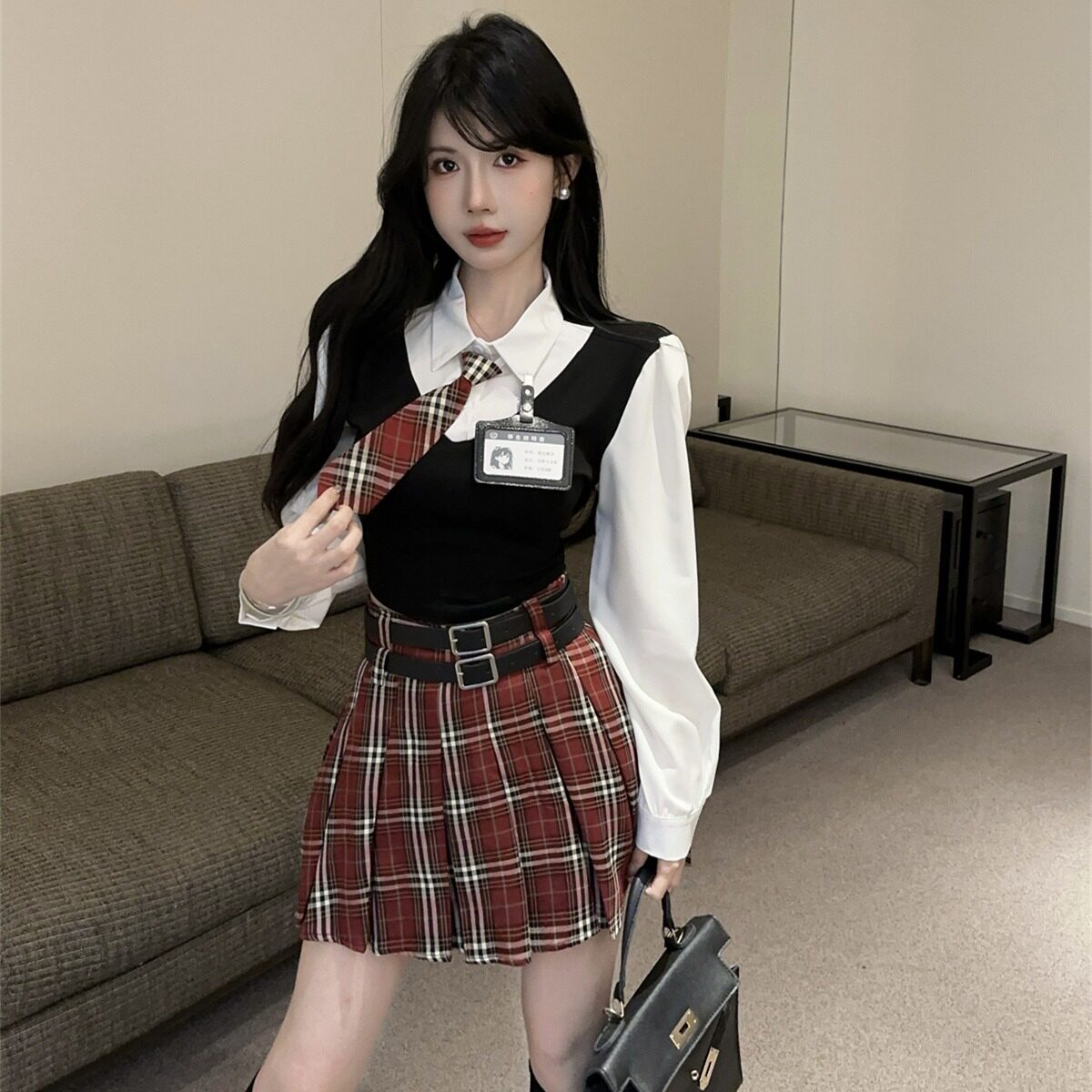 美式学院风假两件领带短款甜辣妹长袖衬衫+高腰格子半身裙套装潮