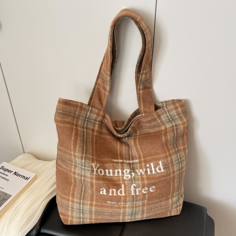 2025新款小众秋冬复古格子撞色单肩包字母刺绣手提文艺布袋托特包