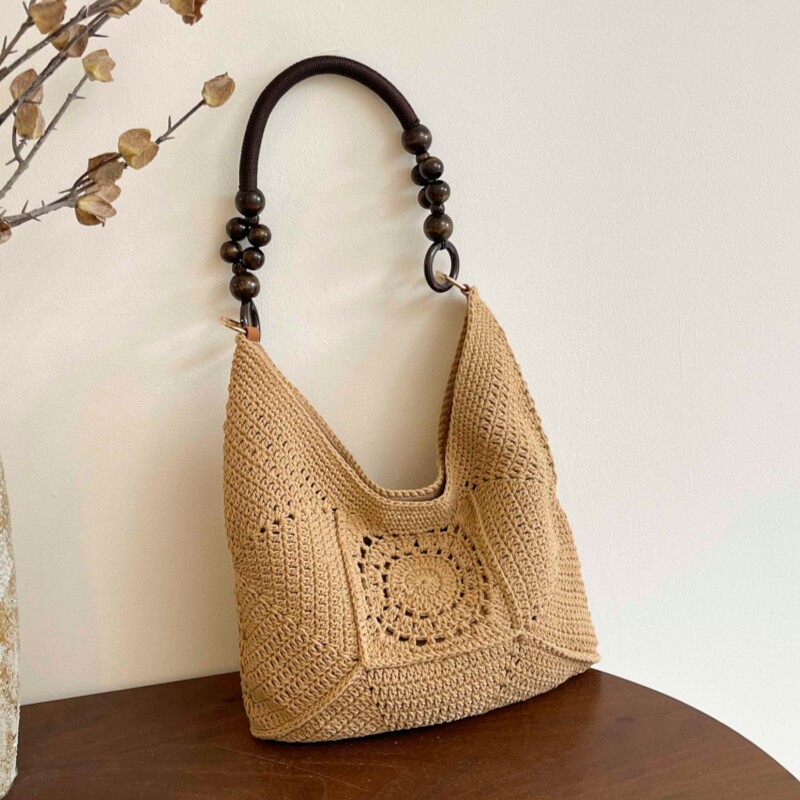韩国复古手工编织包钩花棉线腋下包ins慵懒单肩包托特包沙滩包女