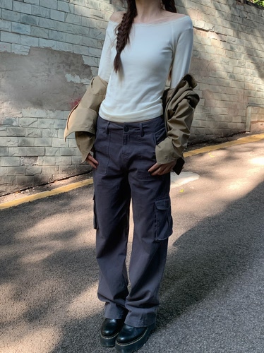 哦米家·美式复古水泥灰色多口袋工装裤女夏季休闲宽松直筒裤